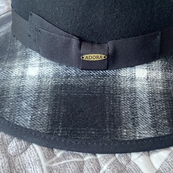 ADORA Black Cloche Hat with Plaid Brim - Picture 2 of 3